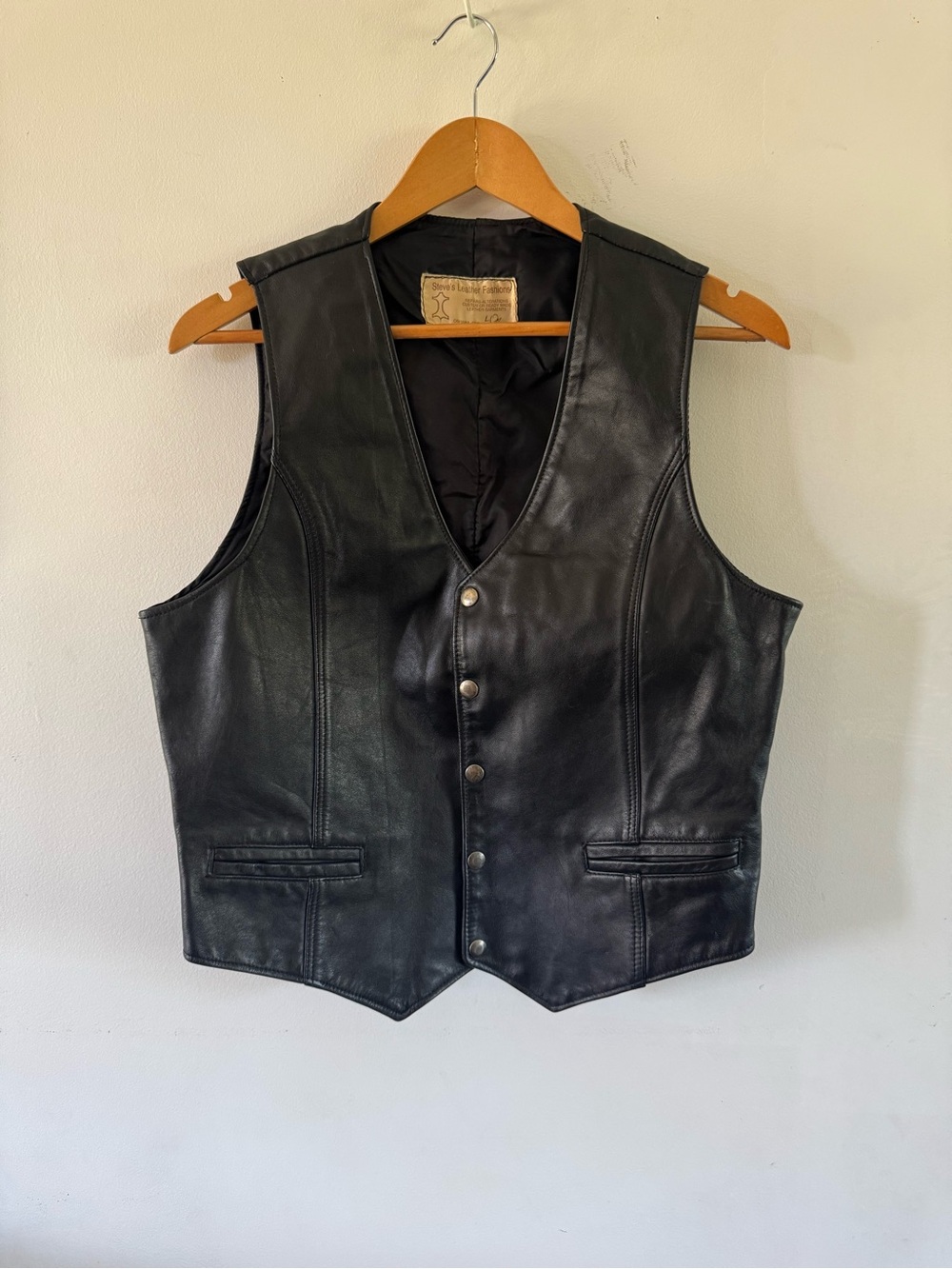 Steve’s Leather Fashions Black Leather Vest Snap Front Biker Western Waistcoat